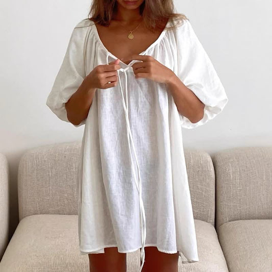 White Cotton Tie Neck Loungewear Dress - White - L - image 0