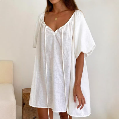 White Cotton Tie Neck Loungewear Dress - image 1