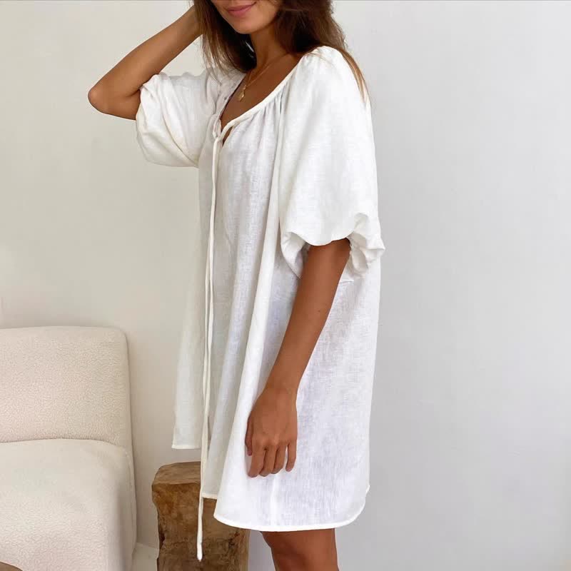 White Cotton Tie Neck Loungewear Dress - image 2