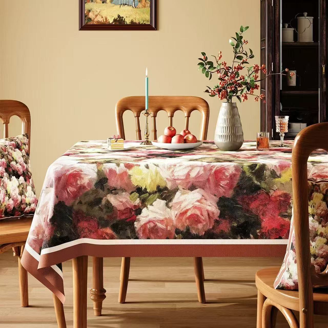 Vintage Oil-Painting Rose Floral Tablecloth - Multicolor - Square - 55" × 55" - image 0