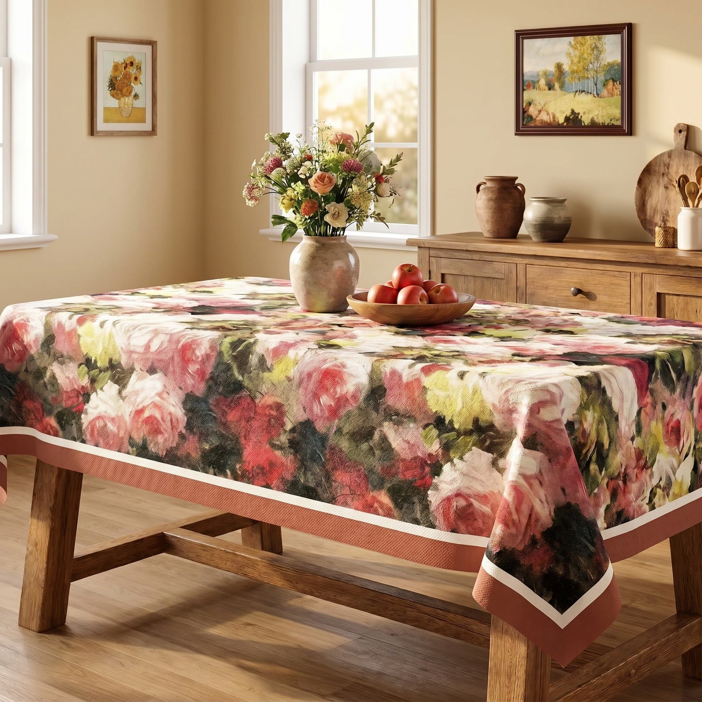 Vintage Oil-Painting Rose Floral Tablecloth - image 1