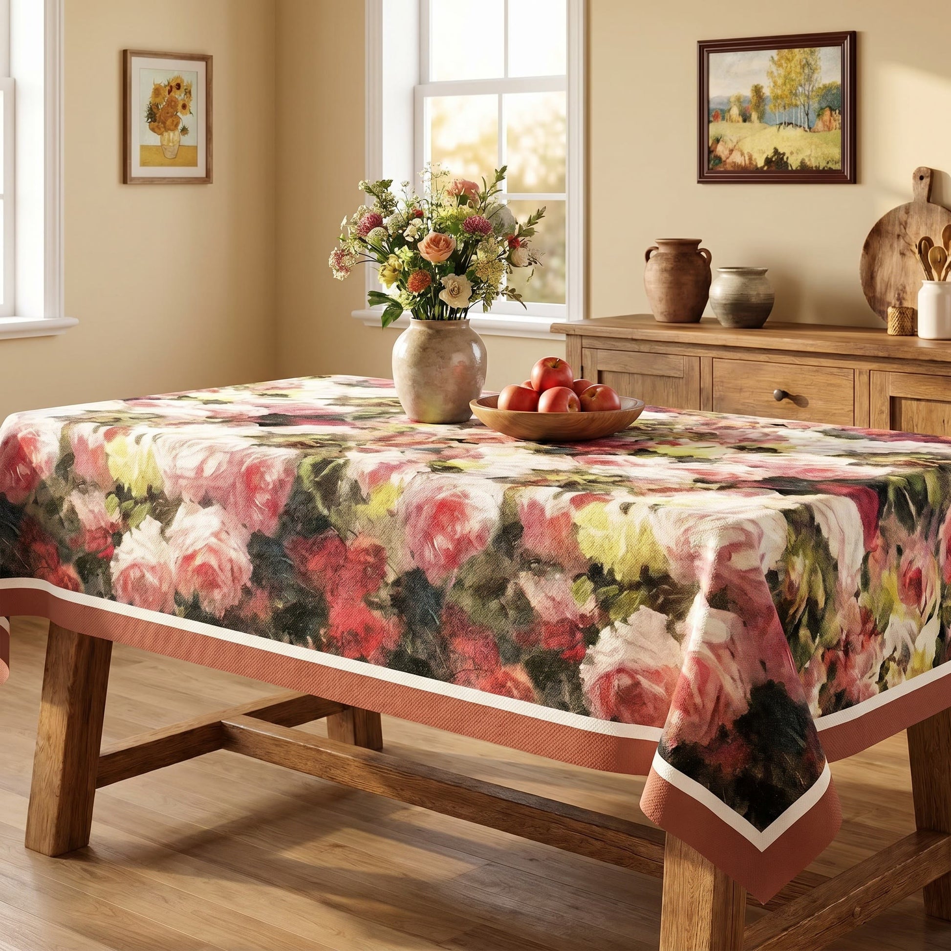 Vintage Oil-Painting Rose Floral Tablecloth - image 1
