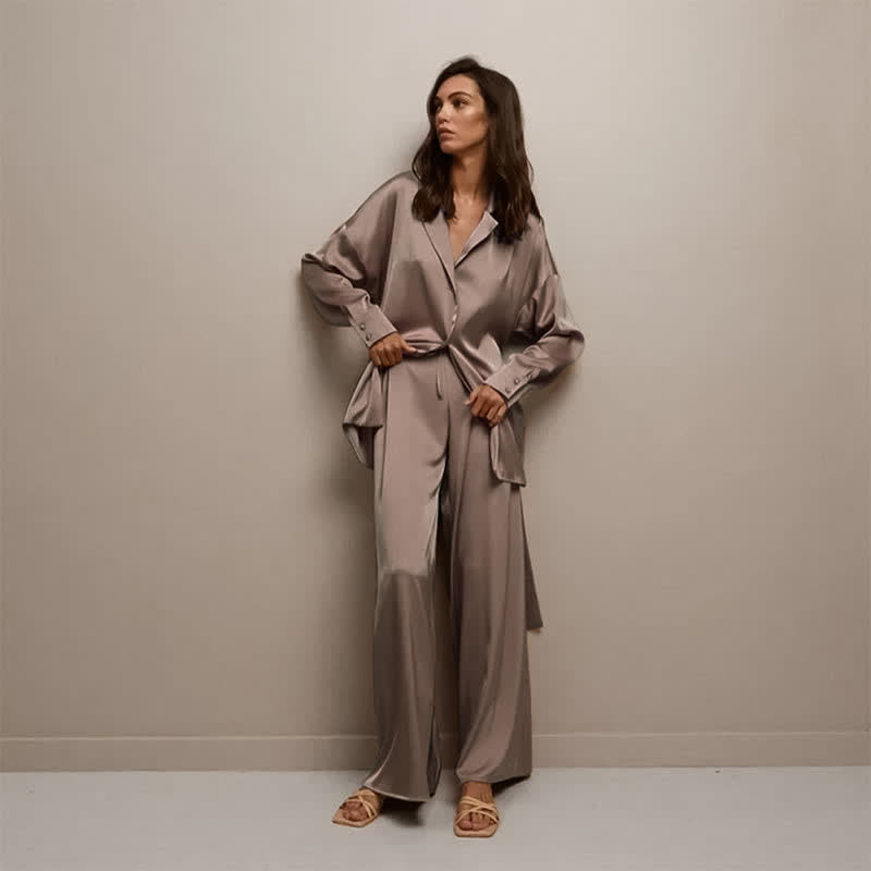 Solid Color Belted Women's Loungewear Set - Brown - XL - image 11