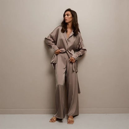Solid Color Belted Women's Loungewear Set - Brown - XL - image 11