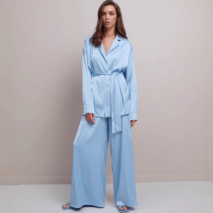 Solid Color Belted Women's Loungewear Set - Blue - XL - image 0