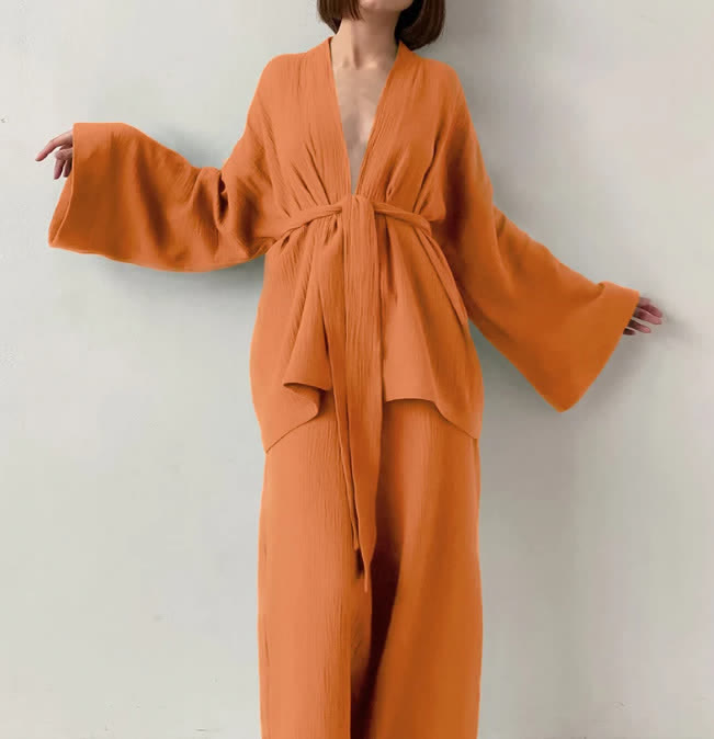 Solid Color Cotton Gauze Kimono Pajamas - Orange - XL - image 7