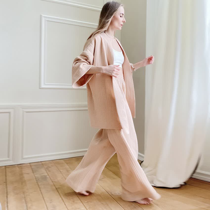 Solid Color Cotton Gauze Kimono Pajamas - Champagne - XL - image 8