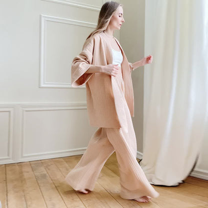 Solid Color Cotton Gauze Kimono Pajamas - Champagne - XL - image 8