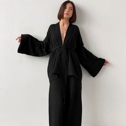 Solid Color Cotton Gauze Kimono Pajamas - Black - XL - image 5
