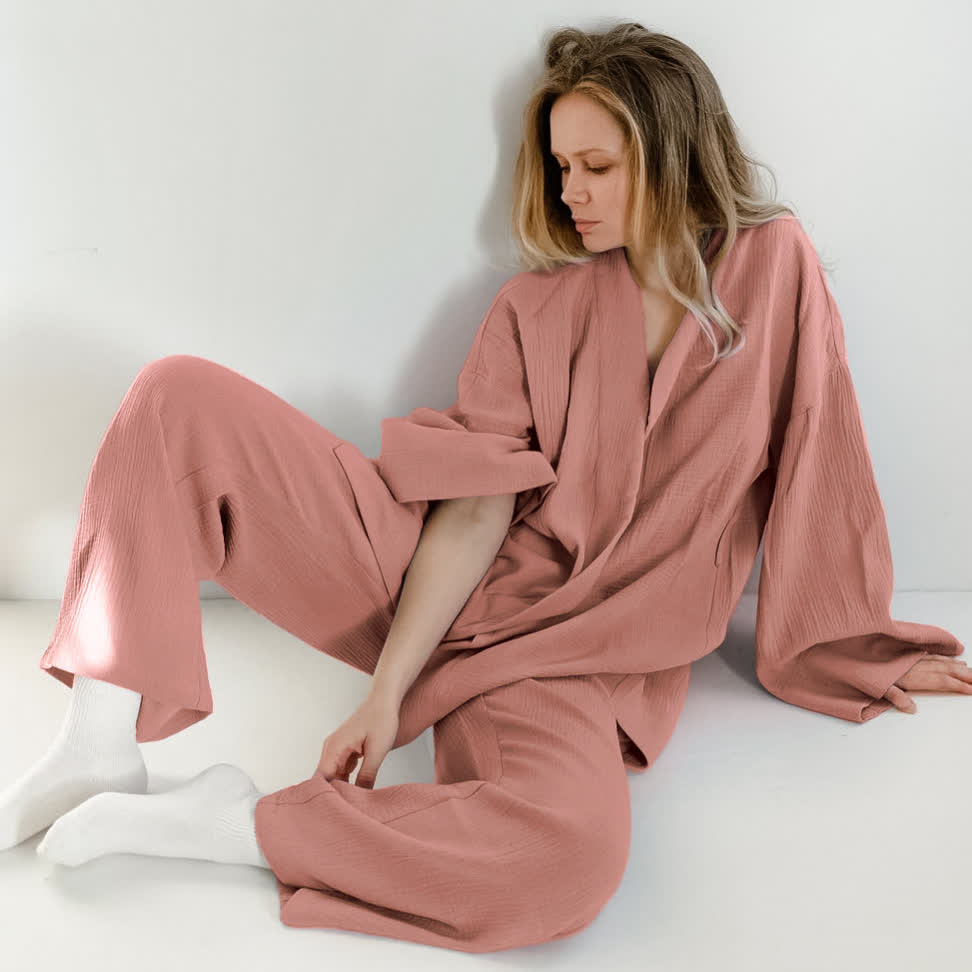 Solid Color Cotton Gauze Kimono Pajamas - Pink - XL - image 2