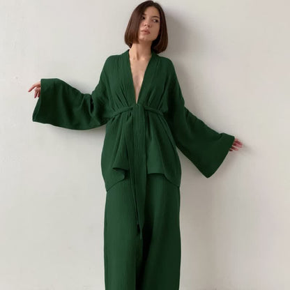 Solid Color Cotton Gauze Kimono Pajamas - Olive Green - XL - image 9
