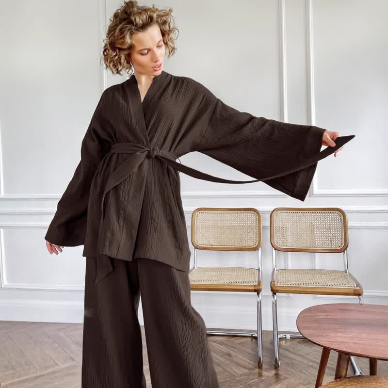 Solid Color Cotton Gauze Kimono Pajamas - Brown - XL - image 17