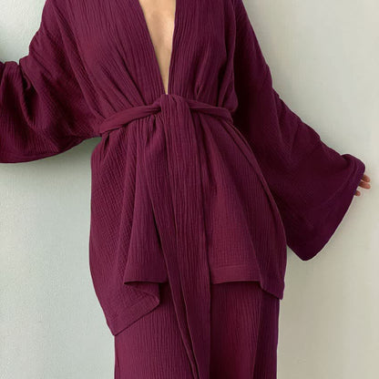 Solid Color Cotton Gauze Kimono Pajamas - Wine - XL - image 1