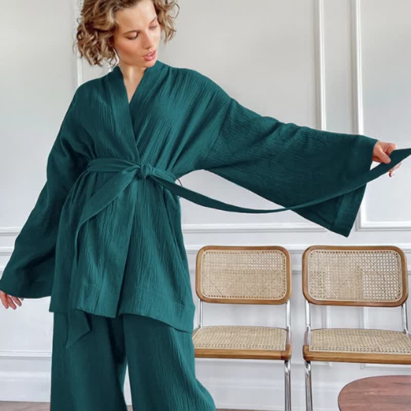 Solid Color Cotton Gauze Kimono Pajamas - Dark Green - XL - image 6