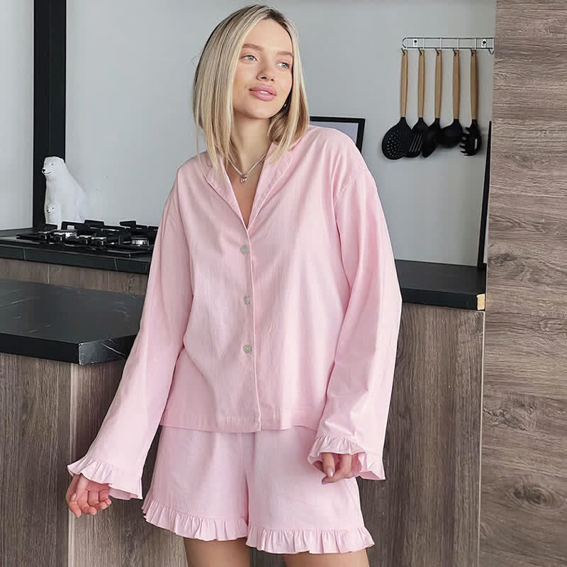 Solid Cotton Ruffle Trim Women's Pajamas - image 1