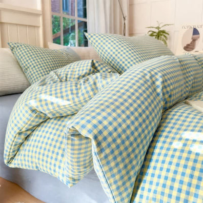 Small Check Gingham Cotton Bedding Set - Blue & Yellow - 2PCS Pillowcases - 19" x 29" - image 2