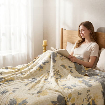 Yellow & Gray Floral Cotton Quilt Blanket - image 3