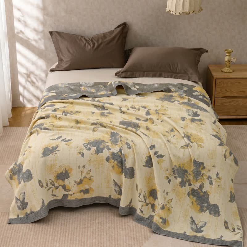 Yellow & Gray Floral Cotton Quilt Blanket - image 2