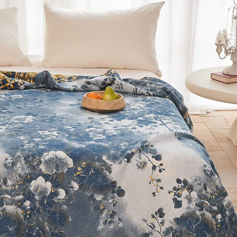 Blue Watercolor Floral Cotton Muslin Quilt - image 5