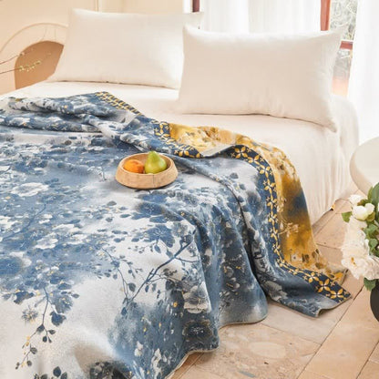 Blue Watercolor Floral Cotton Muslin Quilt - image 2