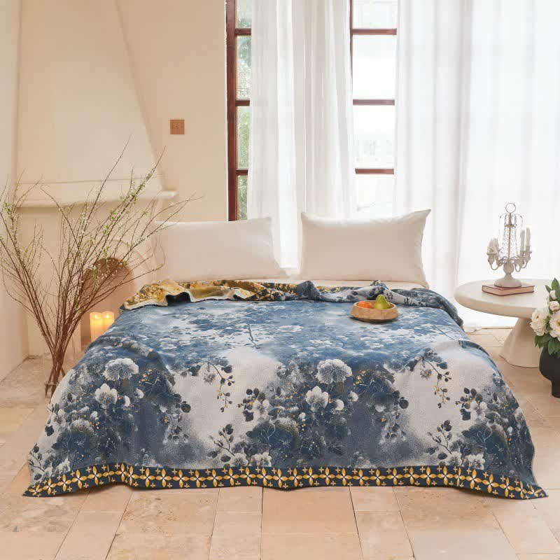 Blue Watercolor Floral Cotton Muslin Quilt - Queen - image 0