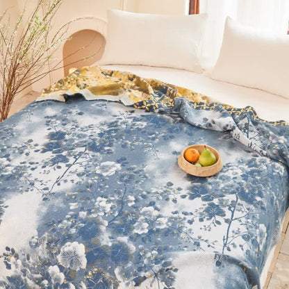 Blue Watercolor Floral Cotton Muslin Quilt - image 4