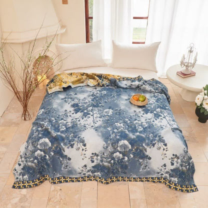 Blue Watercolor Floral Cotton Muslin Quilt - image 1