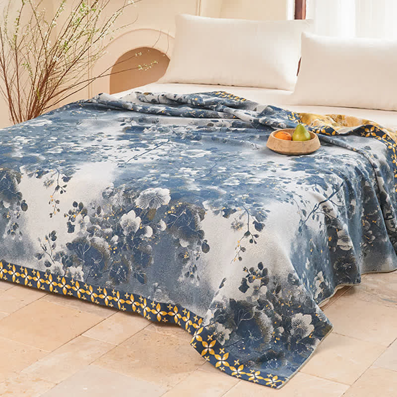 Blue Watercolor Floral Cotton Muslin Quilt - image 3