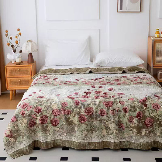Vintage Rose Floral Cotton Muslin Quilt - Queen - image 0