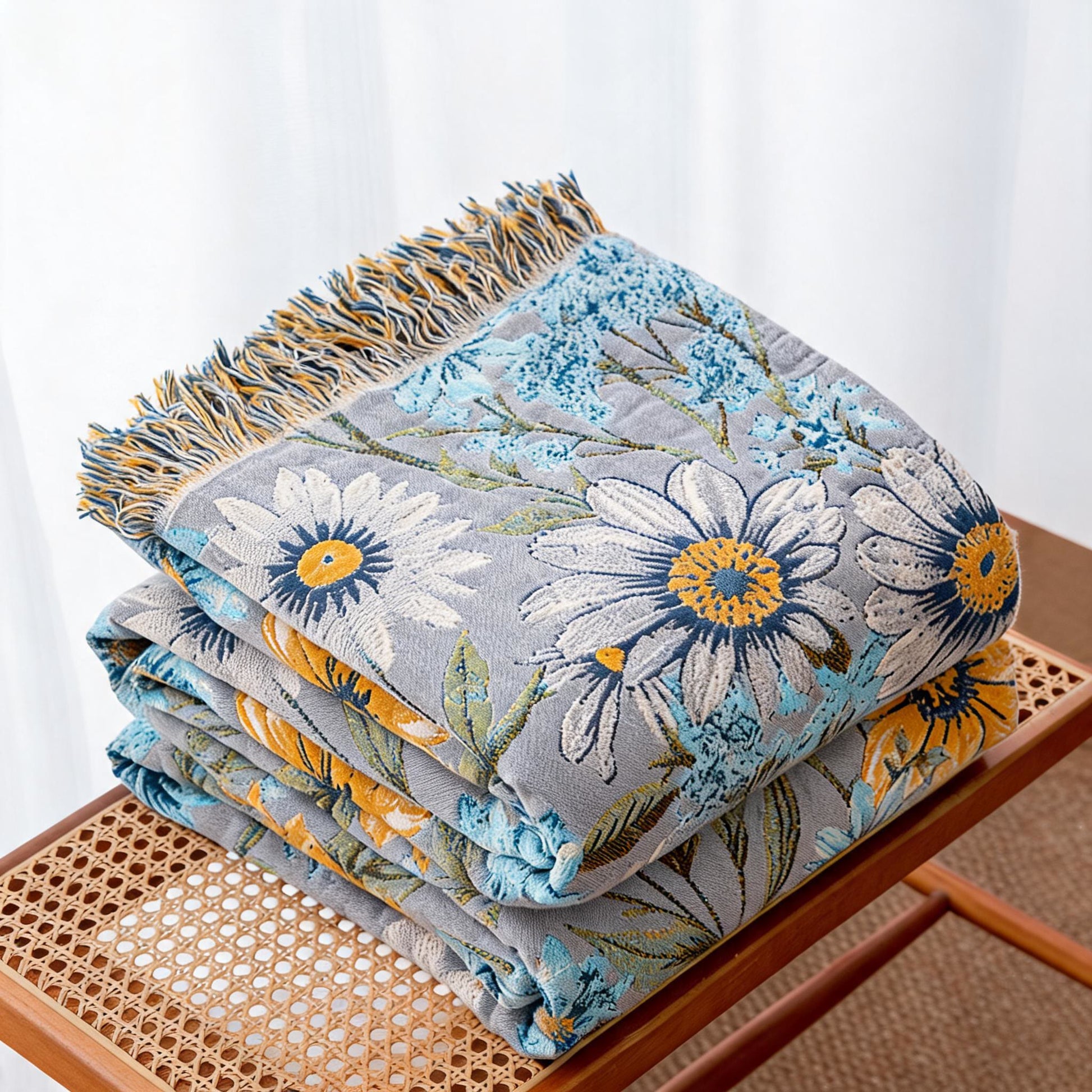 Vintage Floral Daisy Fringed Gauze Quilt - image 2