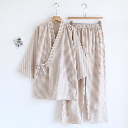 Unisex Striped Cotton Gauze Kimono Pajamas - Khaki - L - image 3