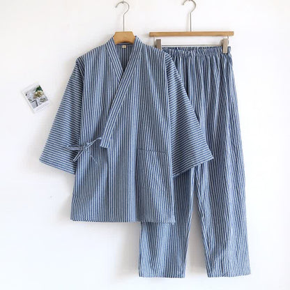 Unisex Striped Cotton Gauze Kimono Pajamas - Blue - L - image 1