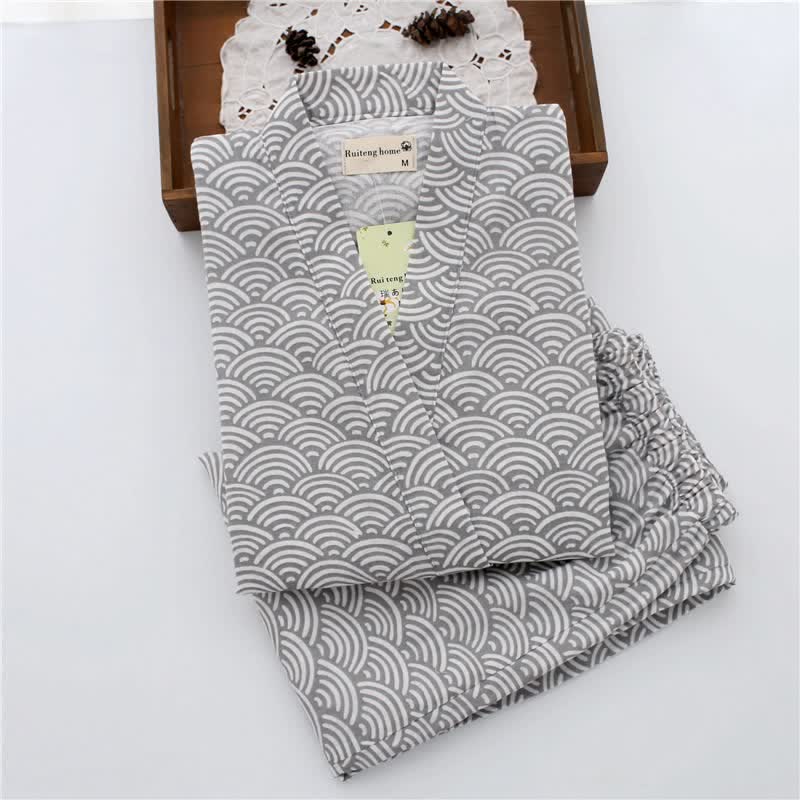 Unisex Seigaiha Cotton Kimono Loungewear Set - Gray - L - image 3