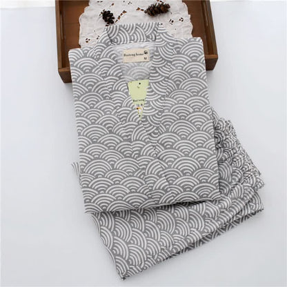 Unisex Seigaiha Cotton Kimono Loungewear Set - Gray - L - image 3
