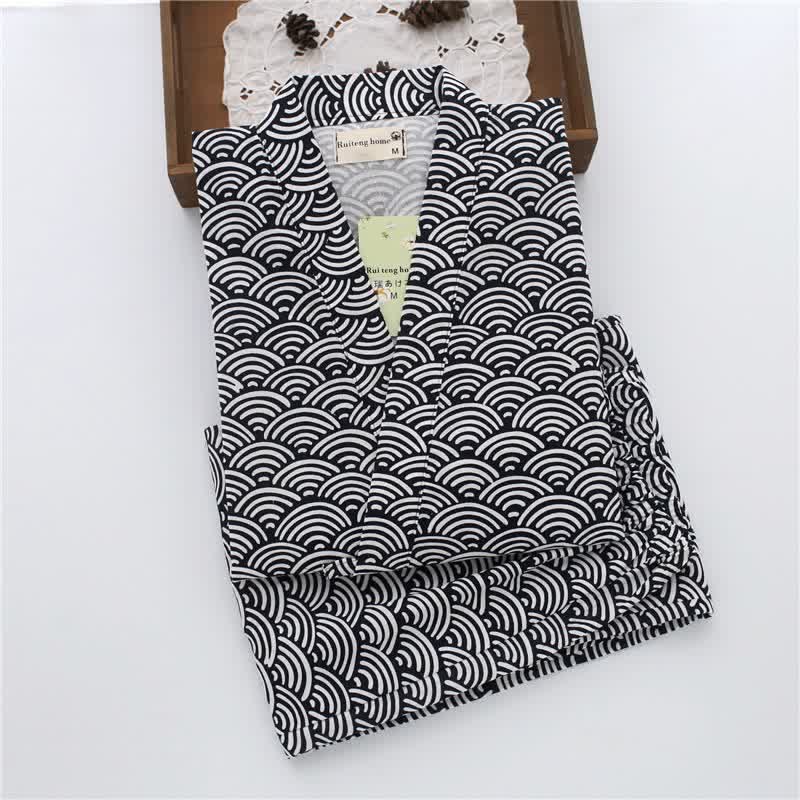 Unisex Seigaiha Cotton Kimono Loungewear Set - Navy - L - image 4