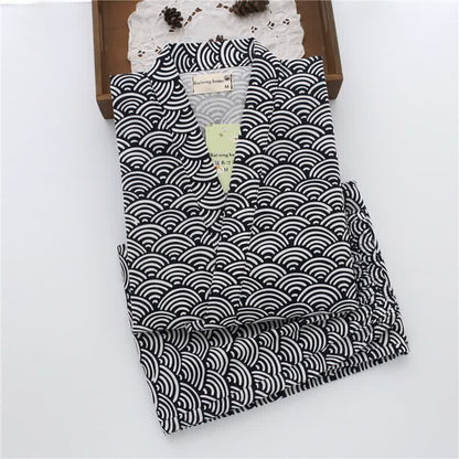Unisex Seigaiha Cotton Kimono Loungewear Set - Navy - L - image 4