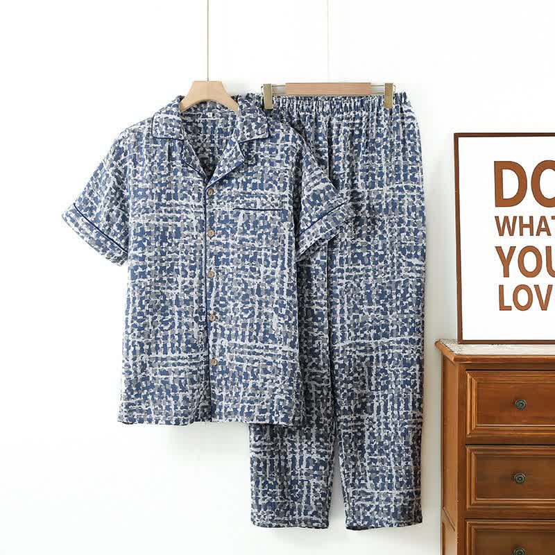Blue Abstract Plaid Cotton Loungewear Set - image 0