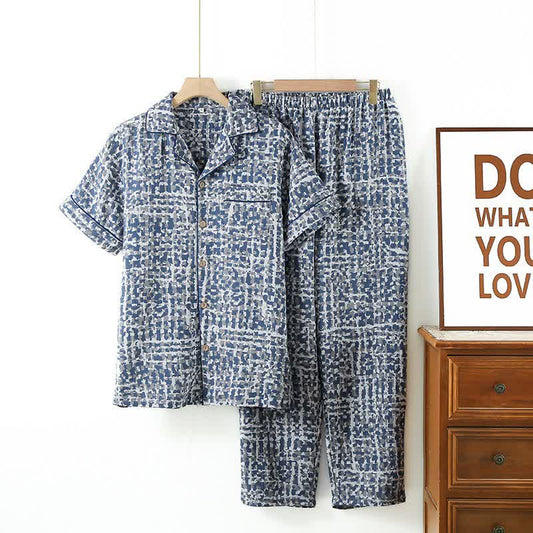 Blue Abstract Plaid Cotton Loungewear Set - image 0