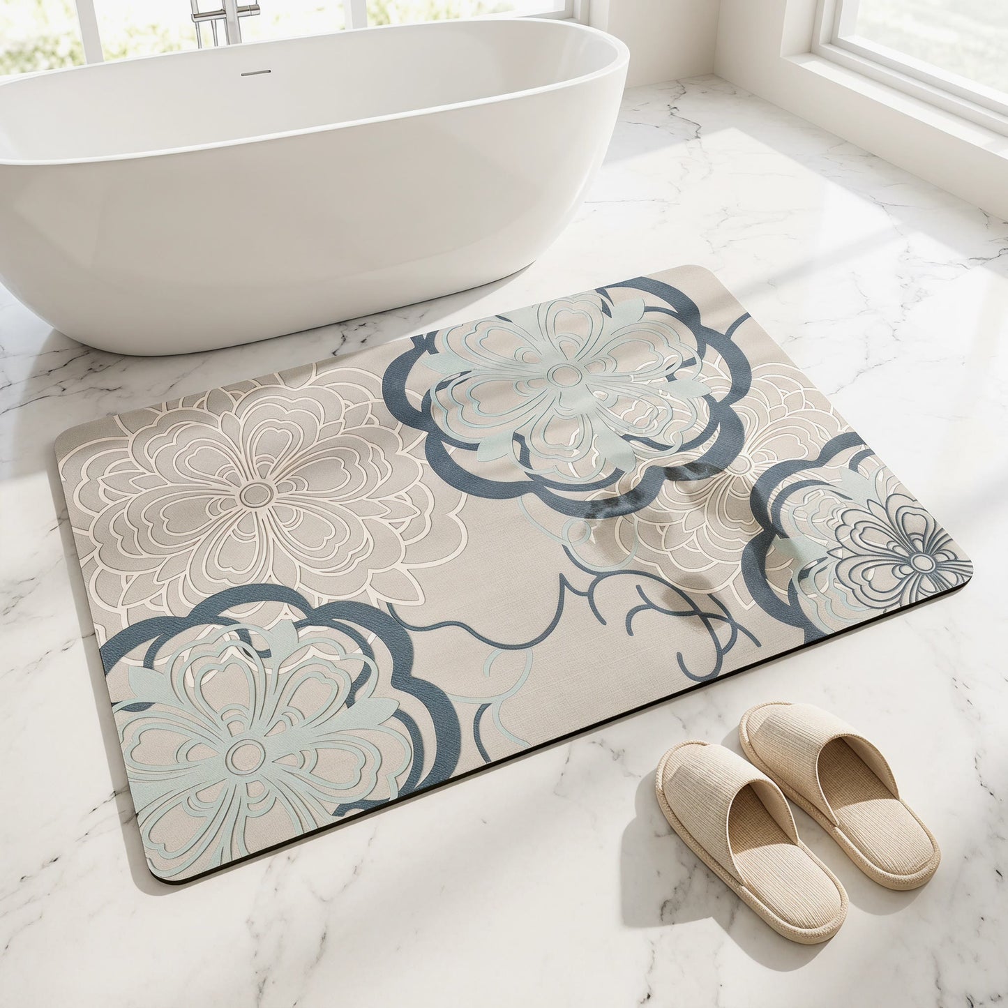 Soft Blue Filigree Floral Bathroom Rug - image 1