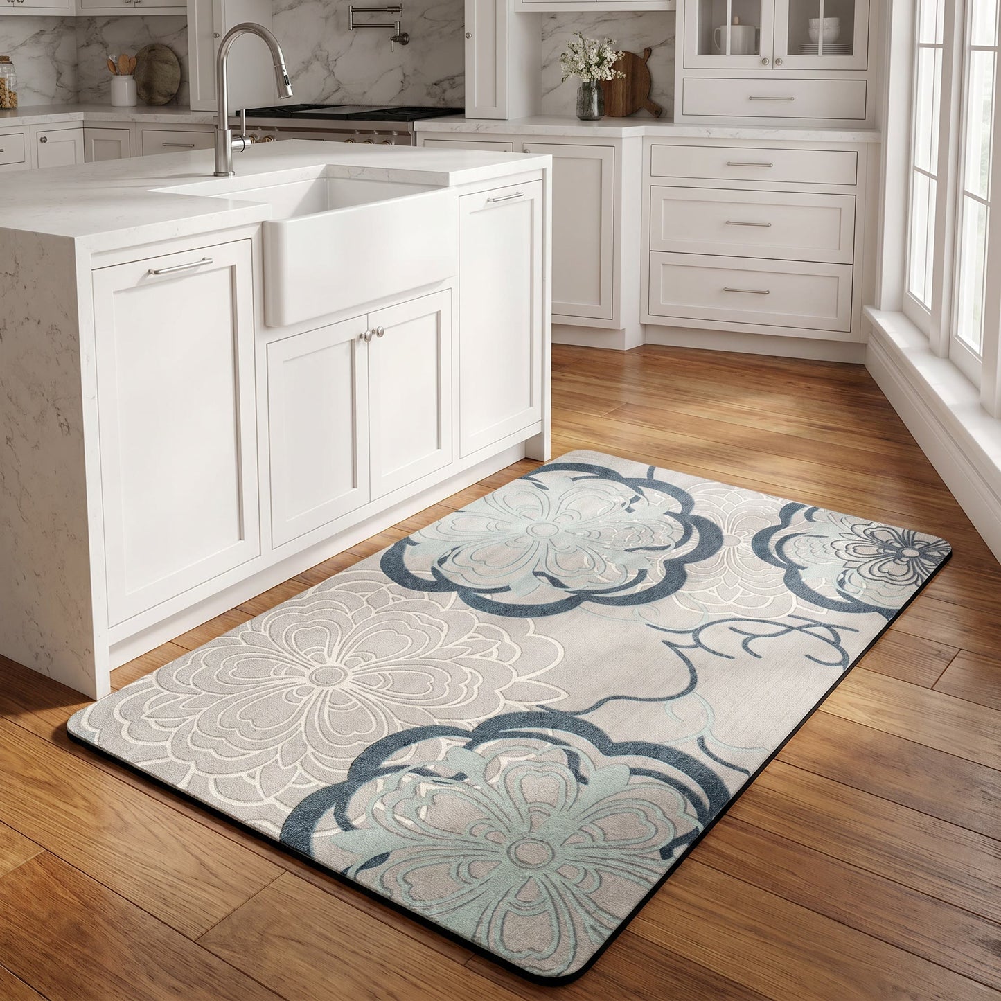 Soft Blue Filigree Floral Bathroom Rug - image 2