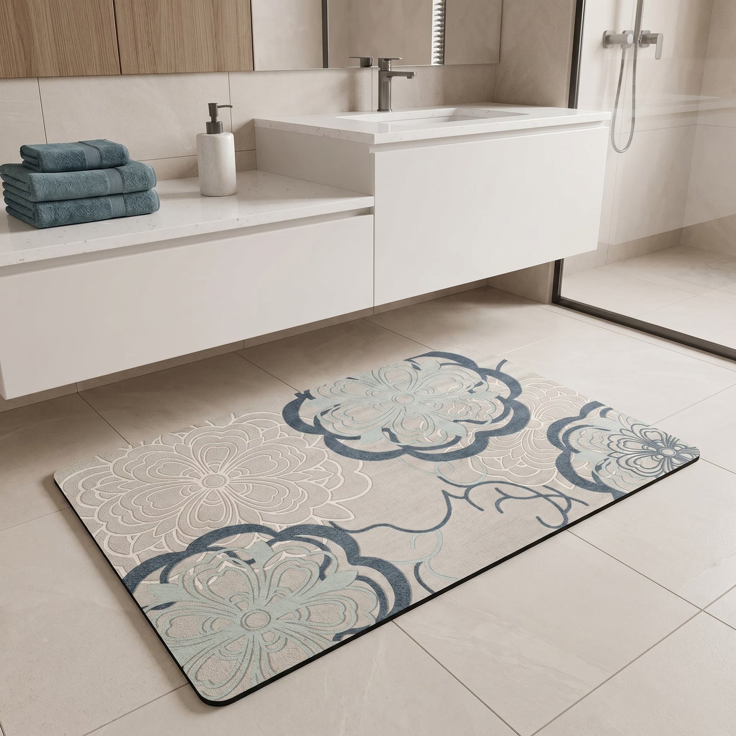 Soft Blue Filigree Floral Bathroom Rug - image 3