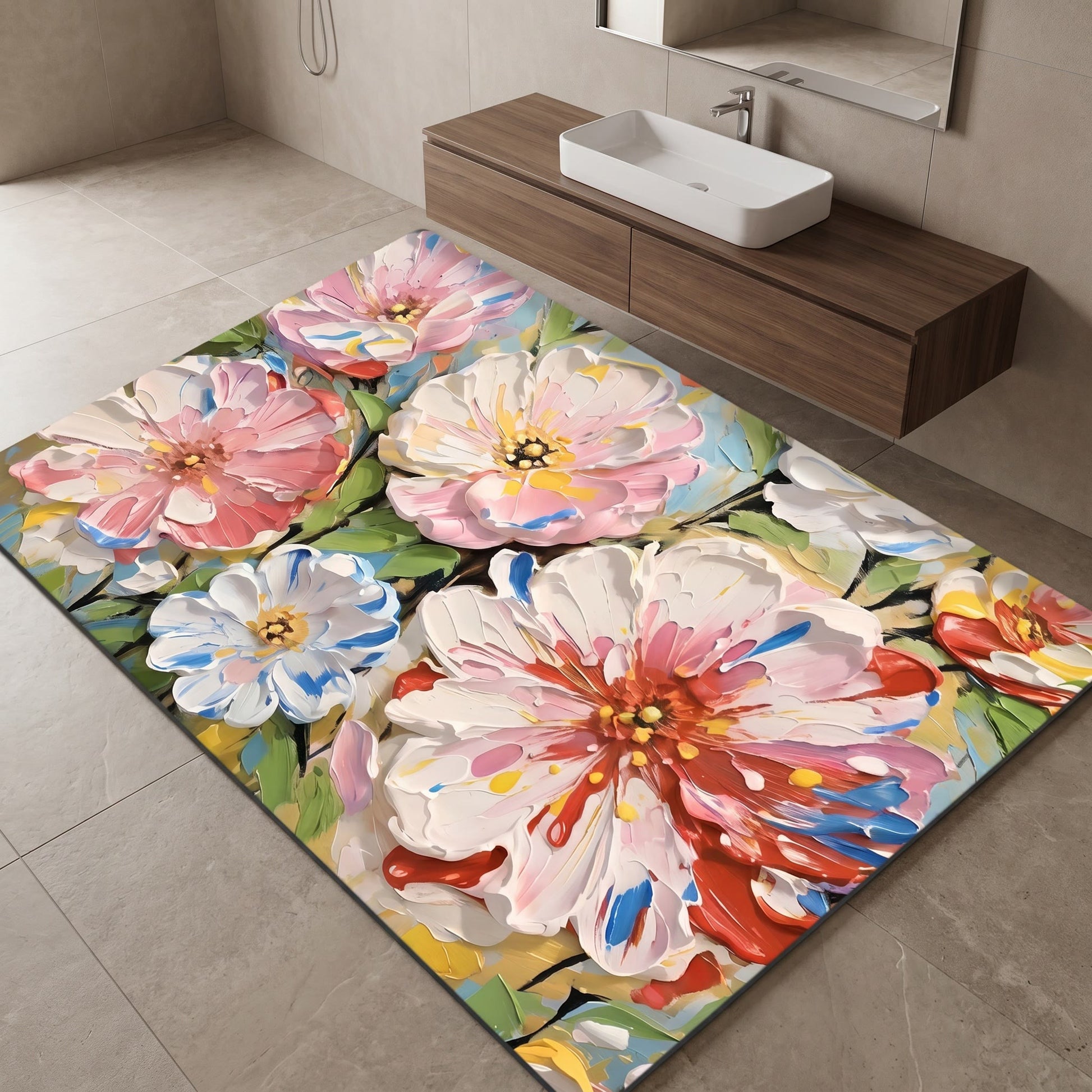 Vibrant Oil Painting Floral Bathroom Rug - image 1