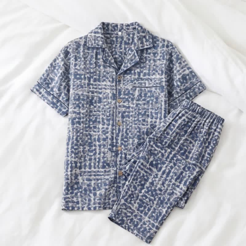 Blue Abstract Plaid Cotton Loungewear Set - image 1