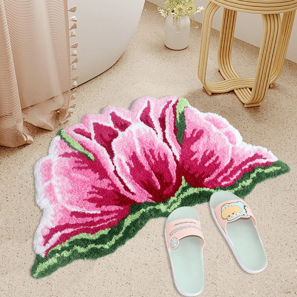Pink&Red Tulip Shaped Plush Bathroom Rug - 18" × 31" - Pink - image 0