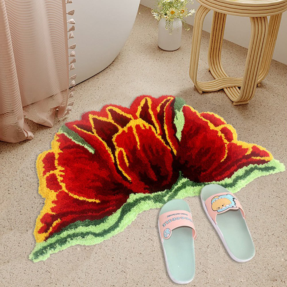 Pink&Red Tulip Shaped Plush Bathroom Rug - 18" × 31" - Red - image 2