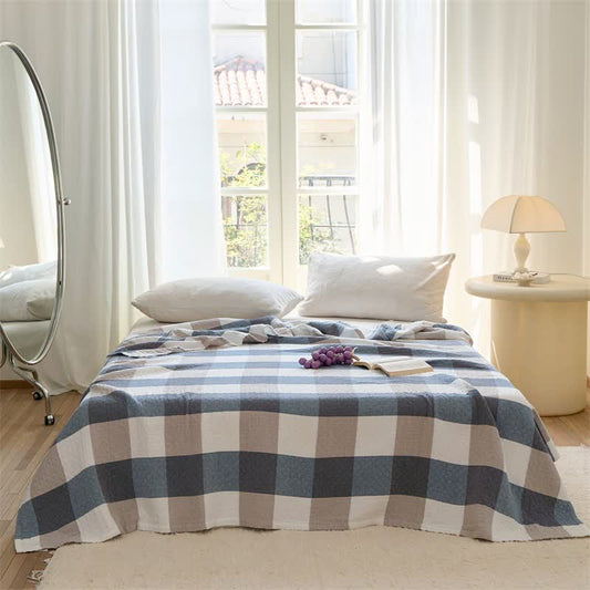 Multi-Tone Plaid Cotton Gauze Quilt - Blue - Queen - image 0