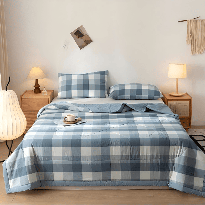 Neutral Gingham Cotton Gauze Quilt - Blue - King - image 5