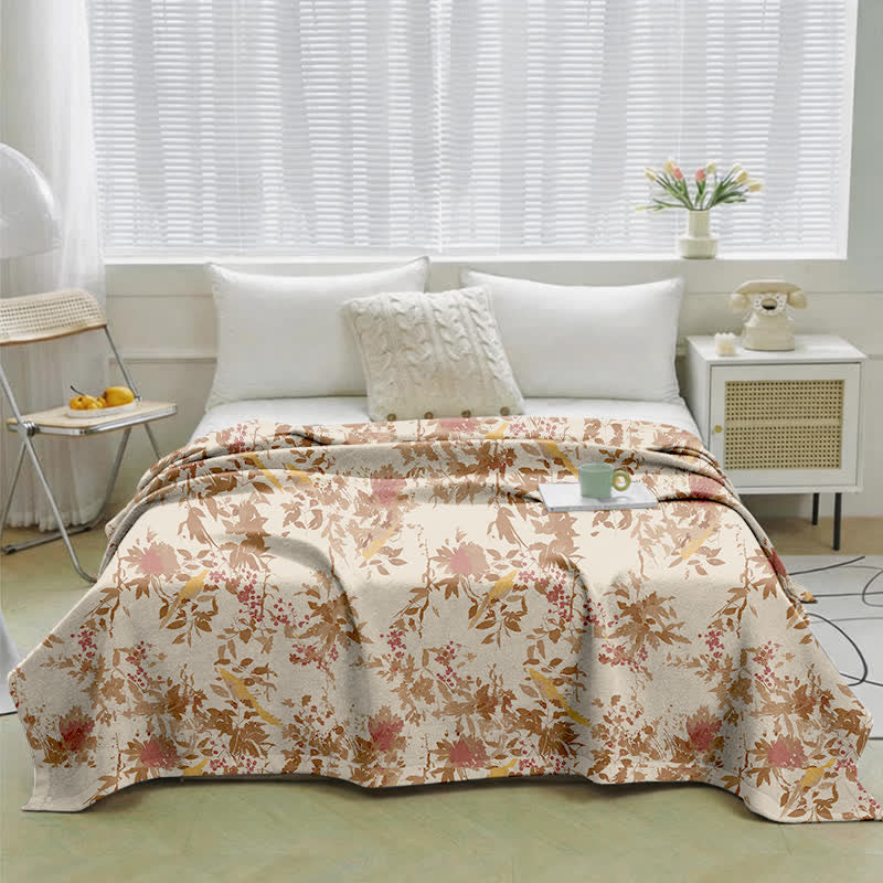Botanical Floral Bird & Leaves Cotton Gauze Quilt - image 1