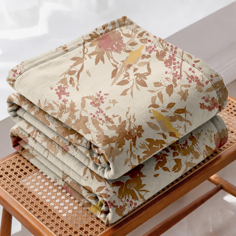 Botanical Floral Bird & Leaves Cotton Gauze Quilt - image 3