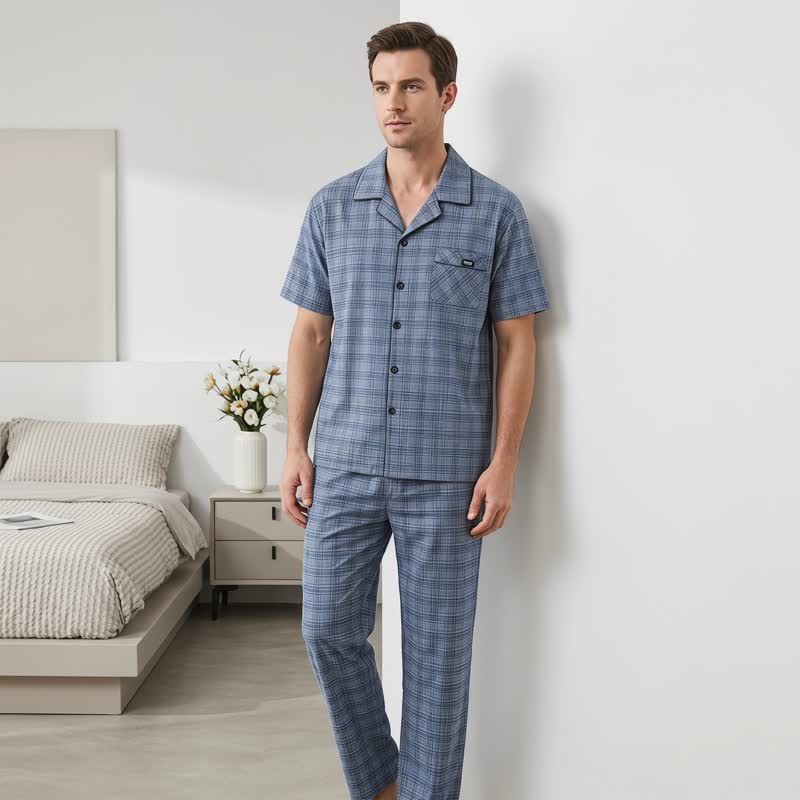 Cotton Blue-Gray Plaid Button Loungewear Set - image 2